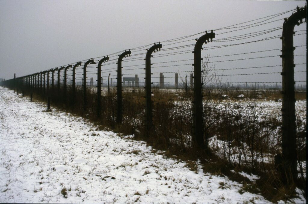 Kuvassa Auschwitz-Birkenaun keskitysleirin piikkilanka-aitaa.